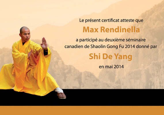 Diplôme, séminaire canadien de Shaolin Gong Fu